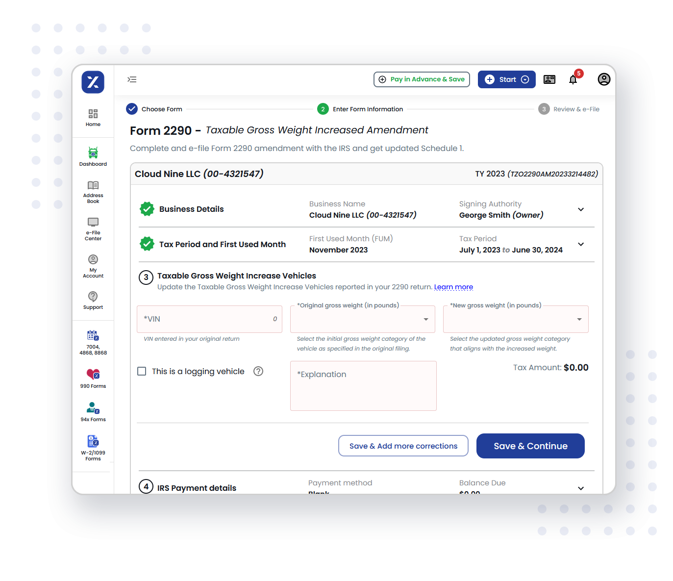 E-file 2290 Amendments due to taxable gross vehicle weight increase